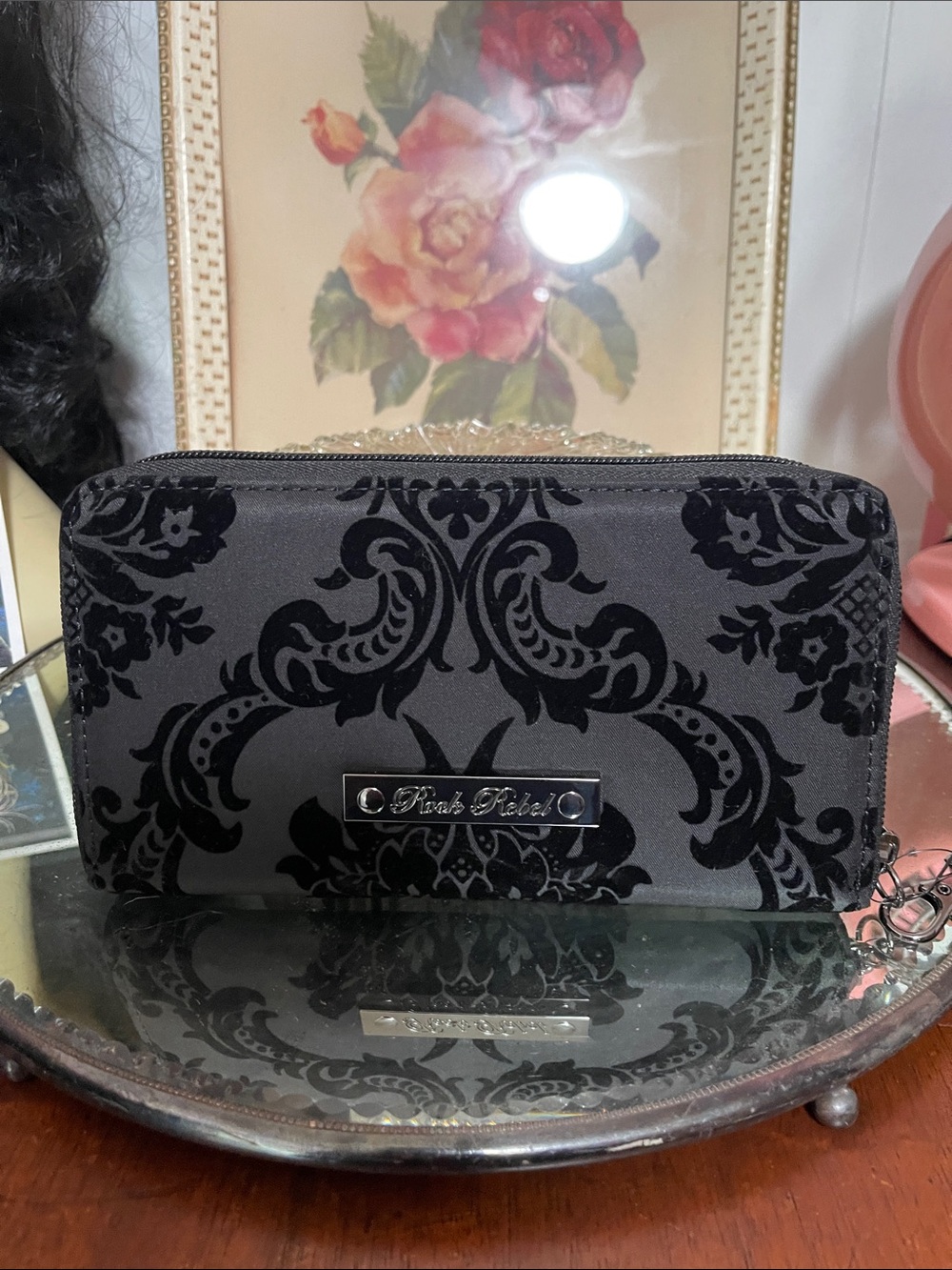 Rock Rebel Black Damask Zip Card & Key Holder